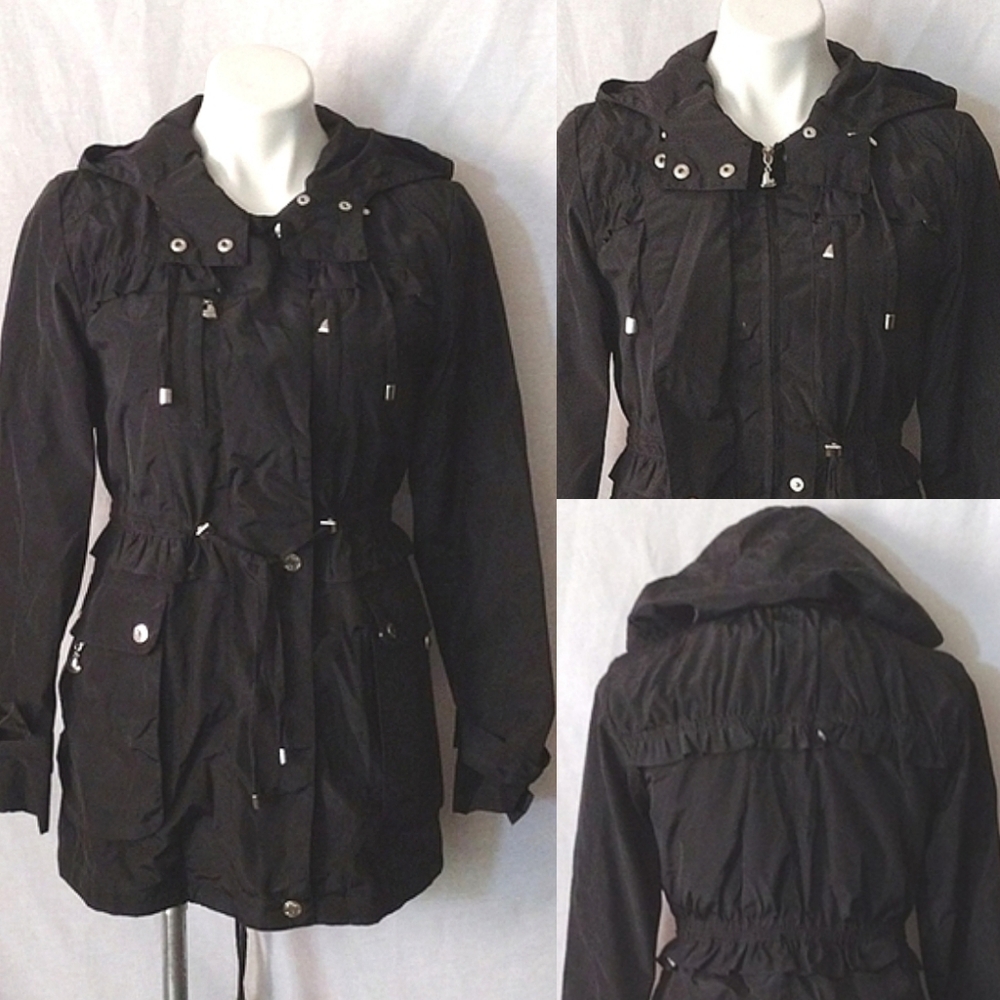 Betsey Johnson Hooded Trench Coat XS Cinched Waist Removable Fleece Lining